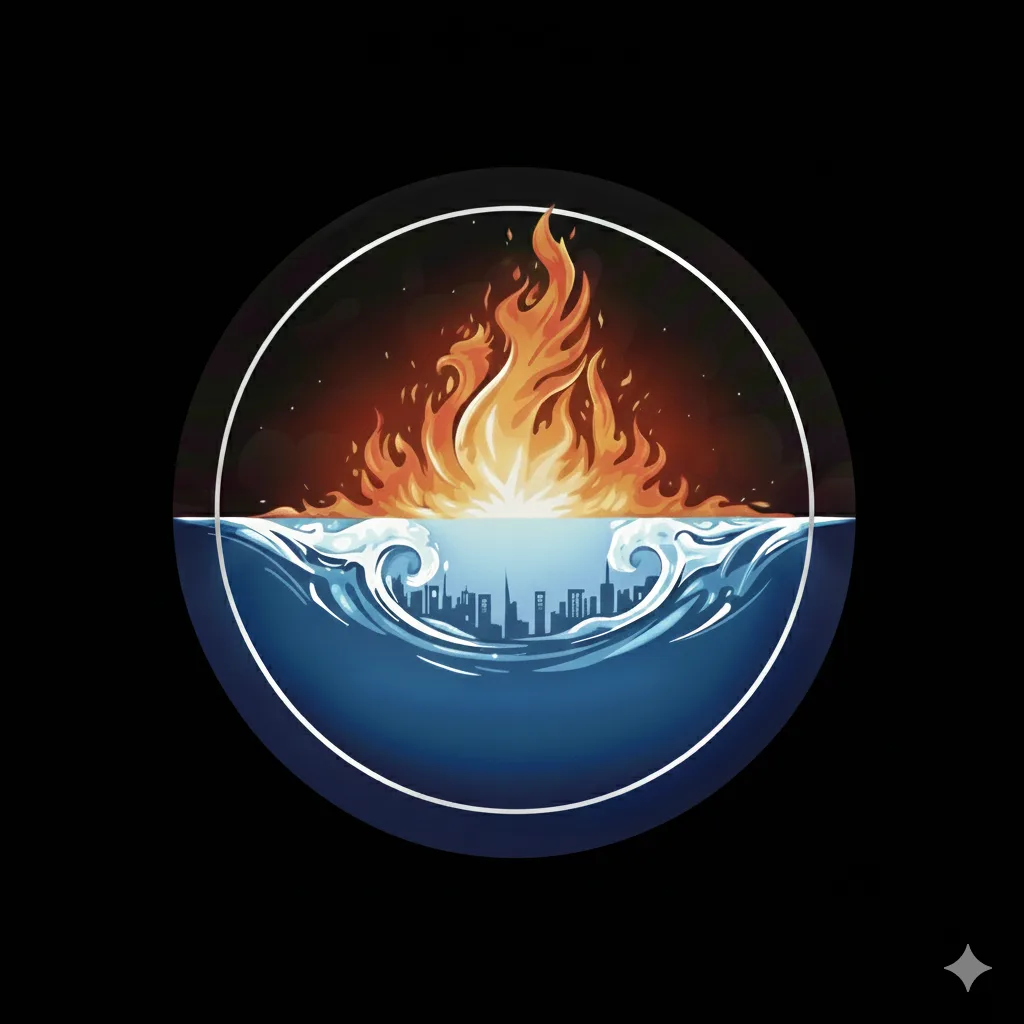 Fire and flood restoration emblem — flame above water over the Saskatoon skyline