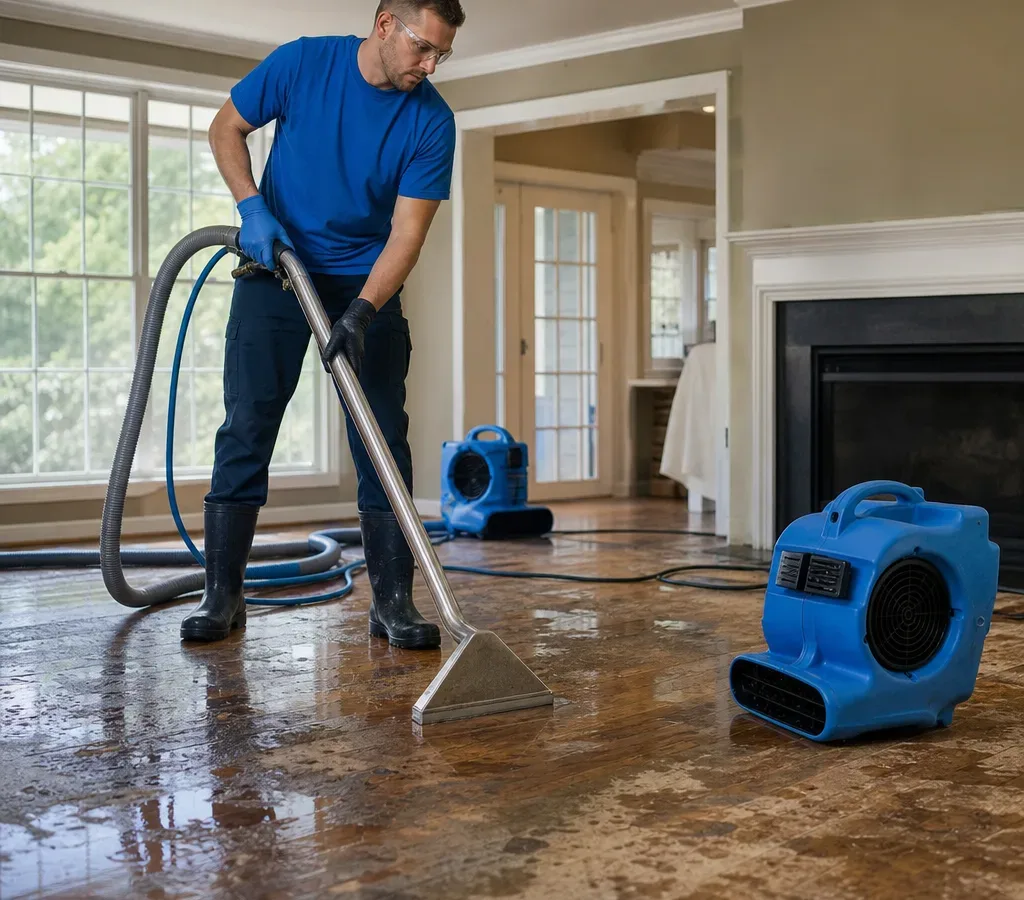 Technician extracting water from a flooded hardwood floor with air movers drying the room